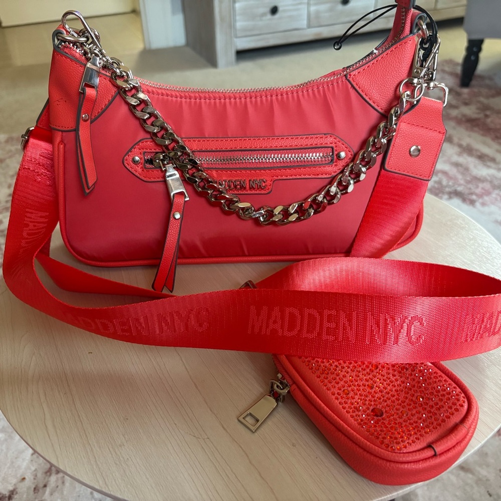 Madden NYC Red Women's Shoulder Bag with Chain Detail